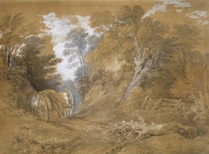 Paysage boisé avec un garçon paysan endormi dans une charrette